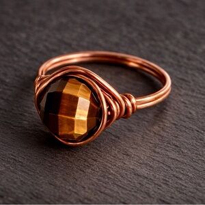 Handmade Unisex Natural Tiger Eye Wire Wrapped Ring in Solid Copper